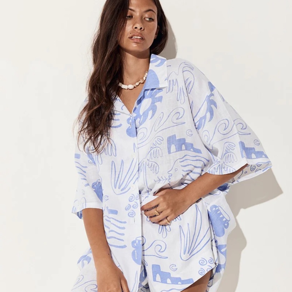 Maurie + Eve Abstract Blue and White Button-Down Shirt